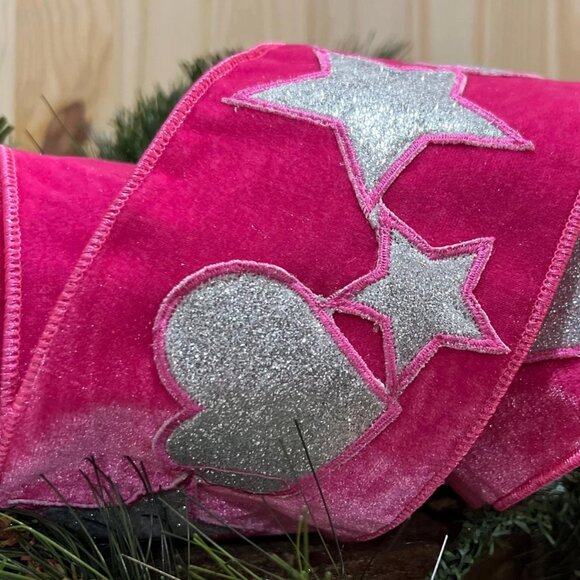 4 inch Hot Pink Velvet with Hearts and Stars Wired Edge Ribbon Holiday Crafts - Picture 6 of 9